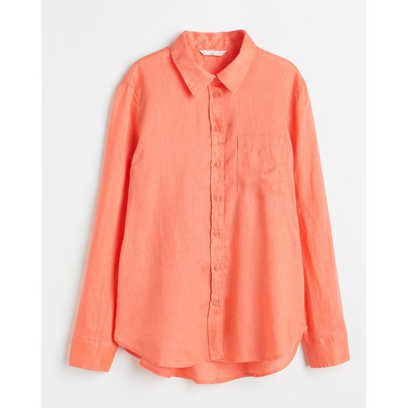 H&M Linen Button Down Shirt Mens Medium Coral Long Sleeve Casual Relaxed Fit - Picture 1 of 5